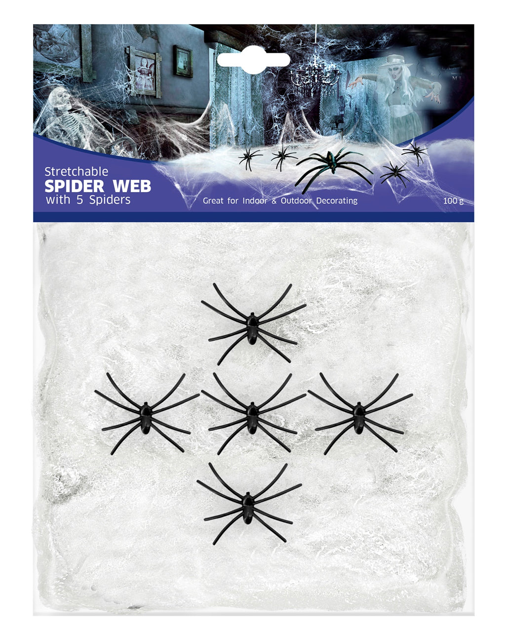 Dehnbare Spinnennetz mit 5 Spinnen