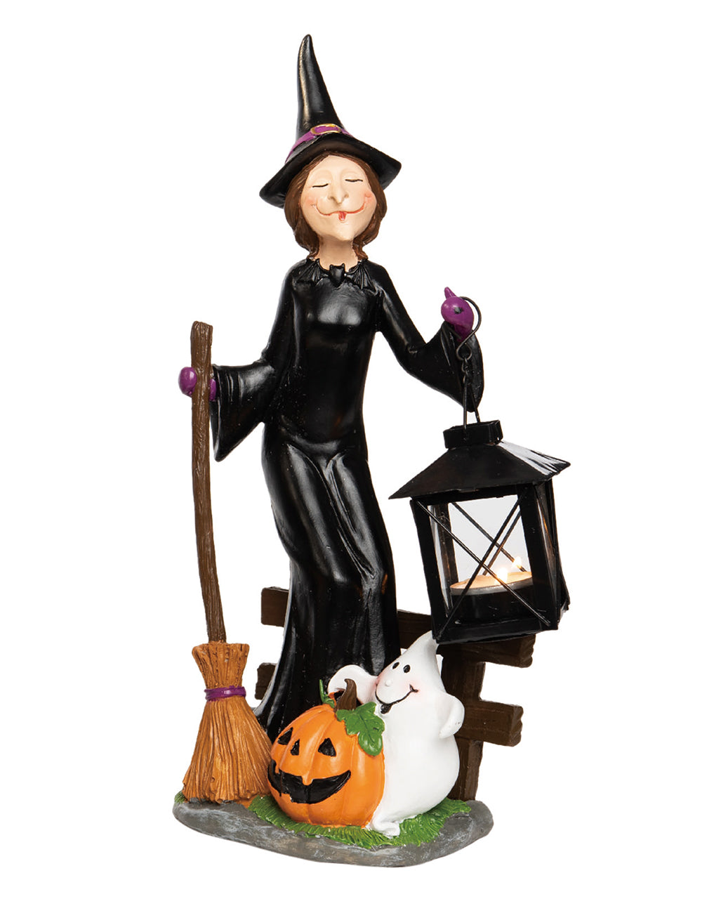 Spooky Tea Light Holder Witch With Broom & Lantern 37cm