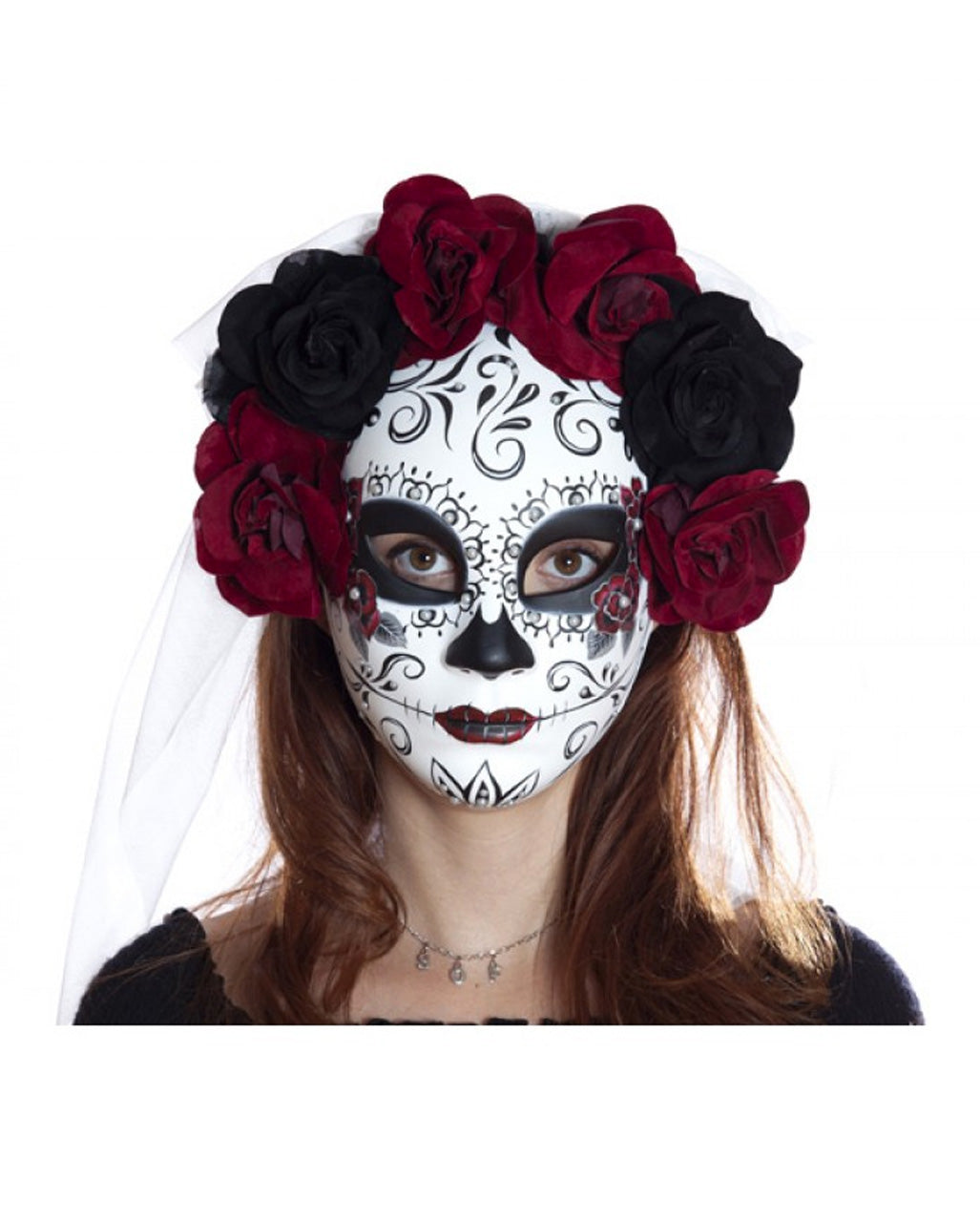 Sugar Skull Mask With Flowers & Veil