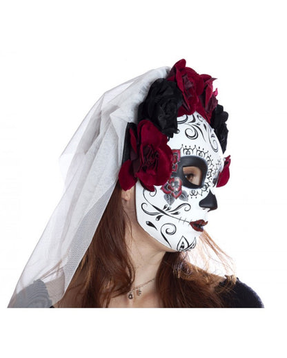 Sugar Skull Mask With Flowers & Veil