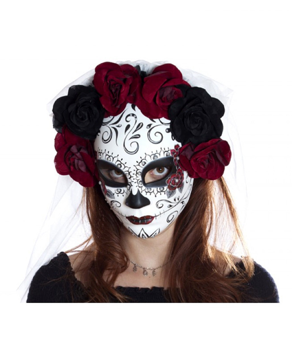 Sugar Skull Mask With Flowers & Veil