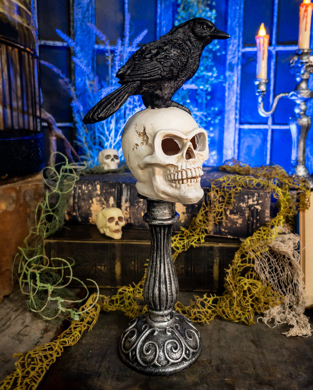 Buste Tête De Mort Avec Corbeau & éclairage LED 31cm
