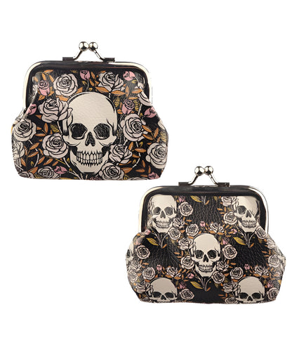 Skull & Roses Wallet With Clip Closure