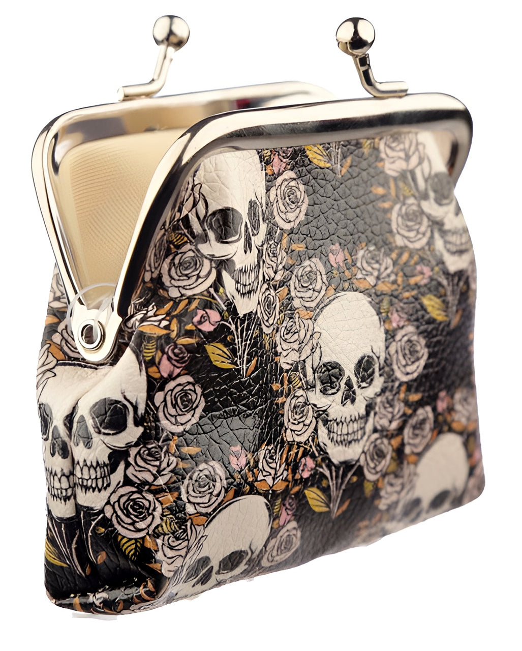 Skull & Roses Wallet With Clip Closure