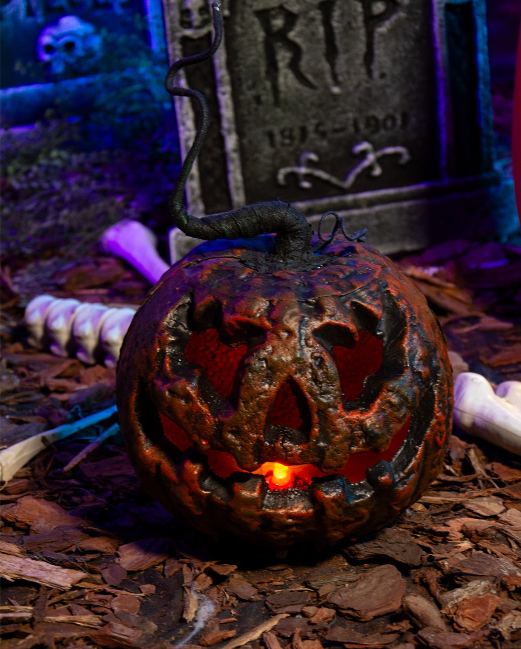 Rotten Halloween Pumpkin With Stalk & LED Light 25cm