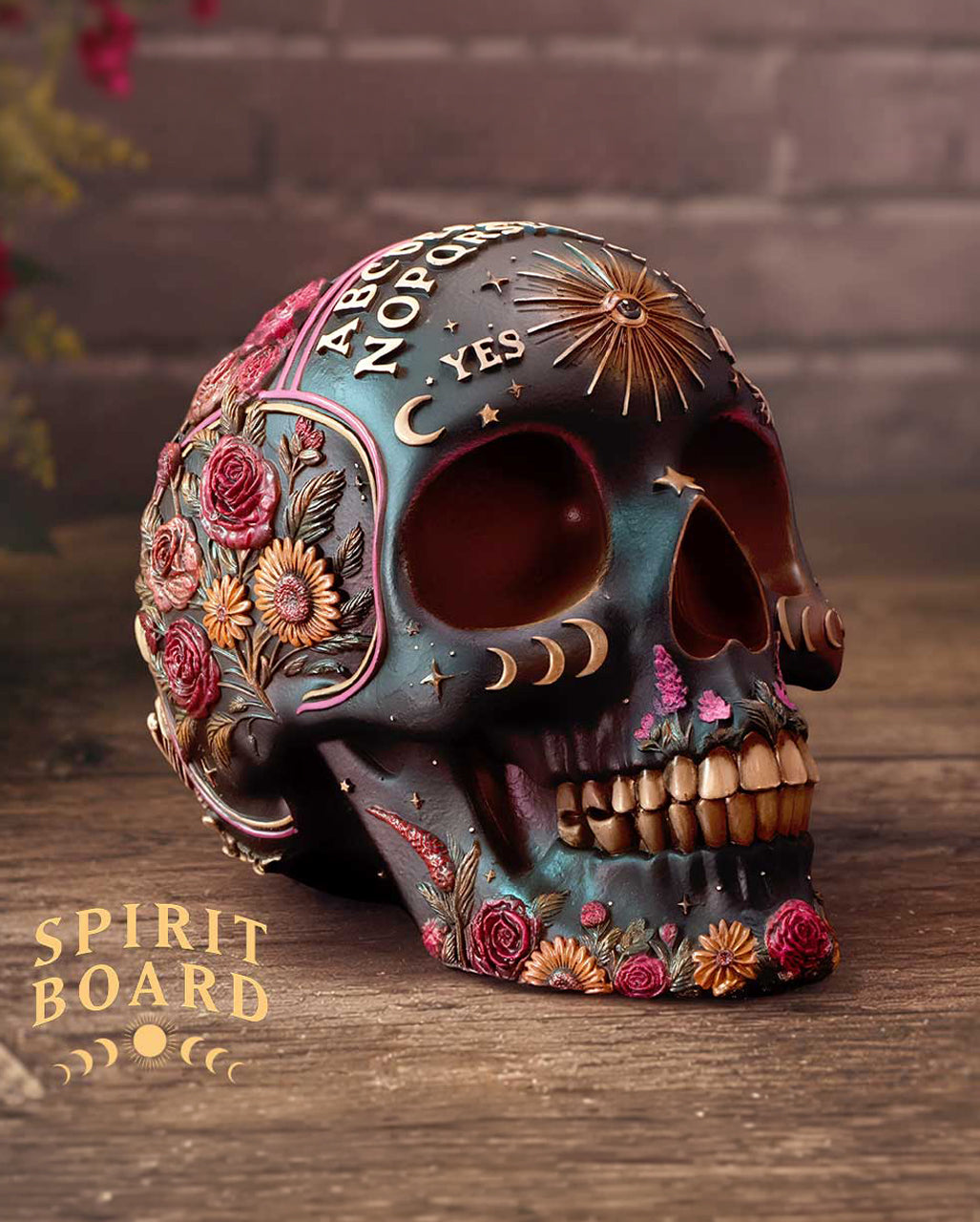 Wahrsage Totenkopf mit Ouija Brett & Pflanzen Motiv 14,8cm