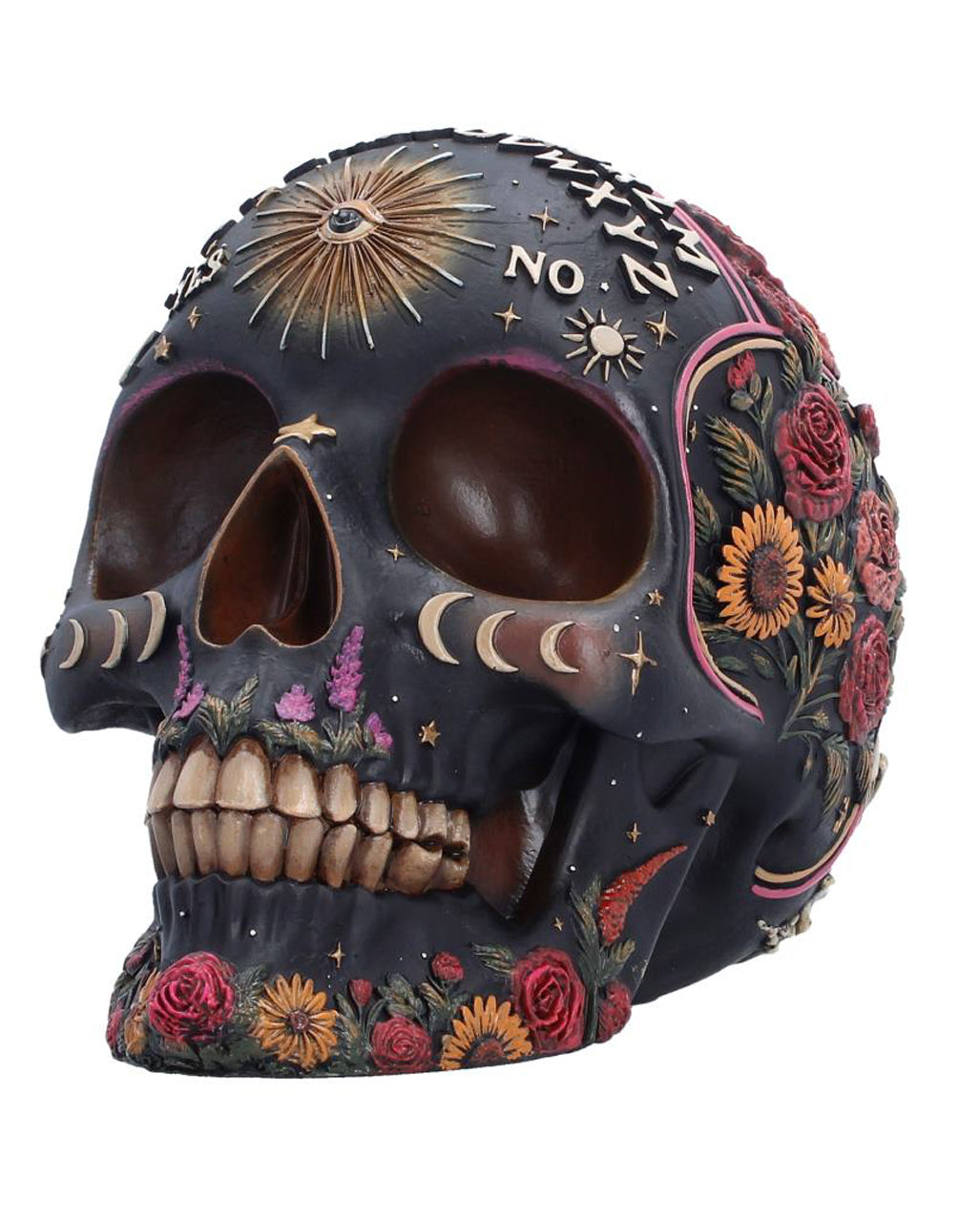 Wahrsage Totenkopf mit Ouija Brett & Pflanzen Motiv 14,8cm
