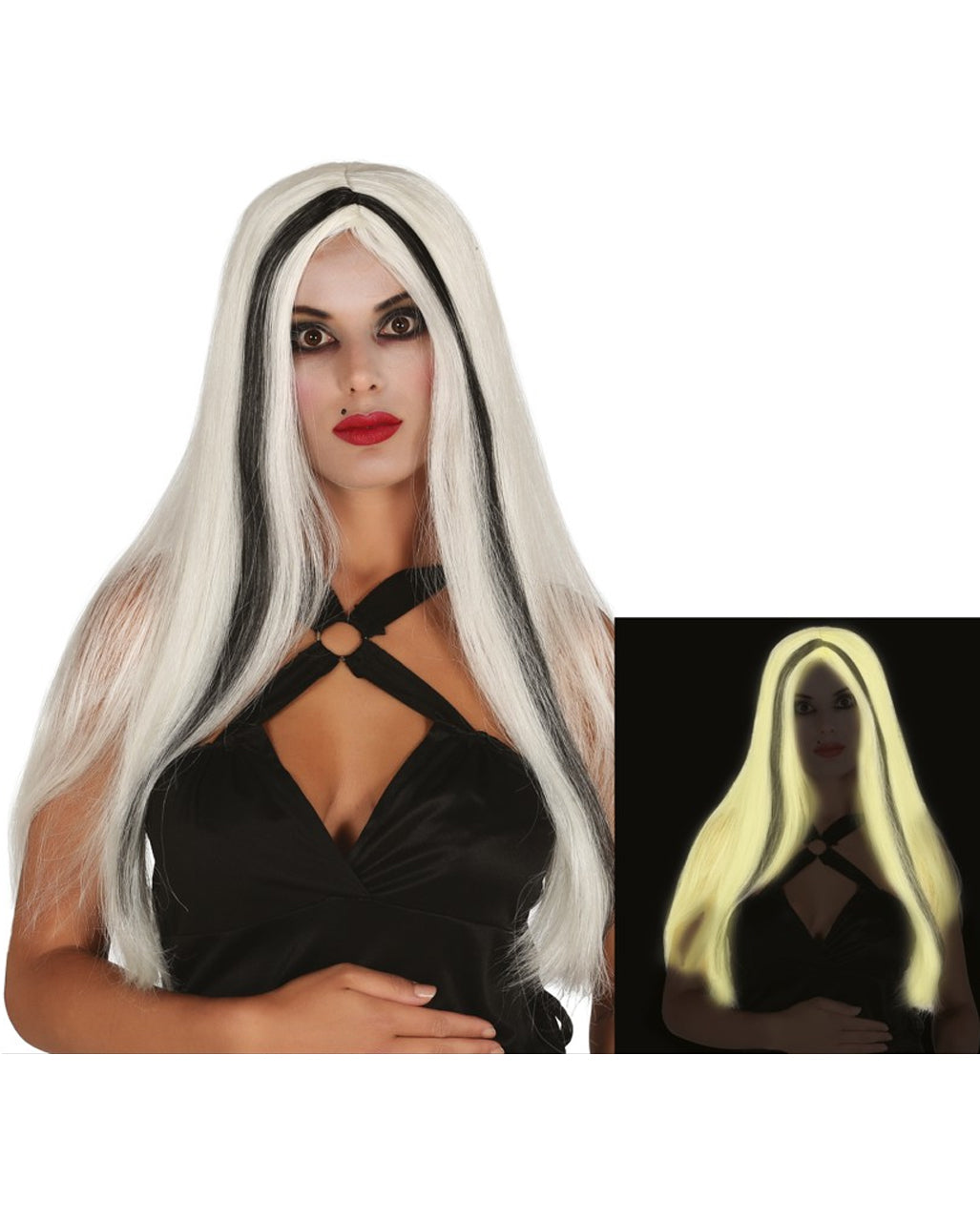 Weiß-schwarze fluoreszierende Langhaar Perücke