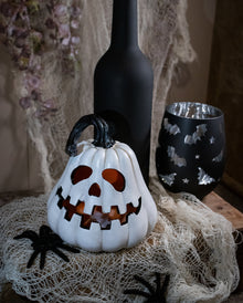 Spooky Halloween Kürbis weiß mit LED 14cm