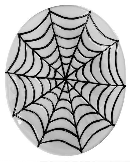 Weißer Ovaler Keramikteller mit Spinnennetz Motiv 23cm
