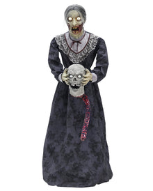 Zombie Oma mit geköpftem Zombie Opa Halloween Animatronic 152cm