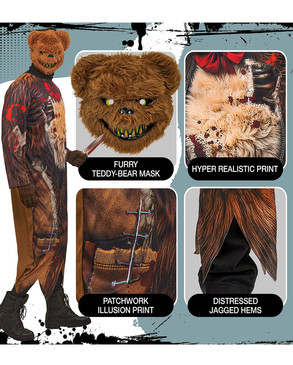 Zombie Teddy Herren Kostüm-Overall mit Maske