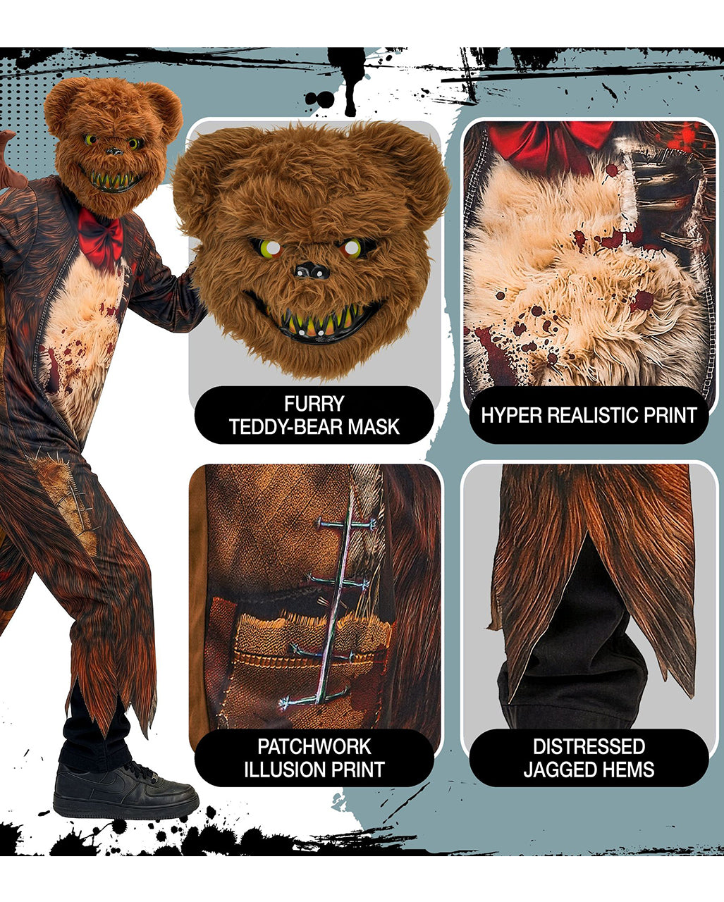 Zombie Teddy Kinder Kostüm-Overall mit Maske